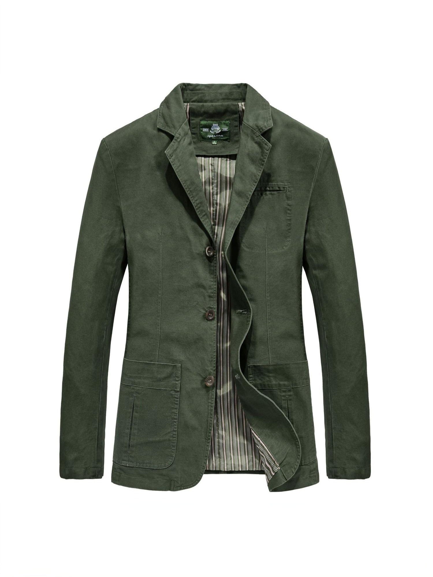 100% Cotton Washed Blazer, Patch Pockets – Men – Olive – front